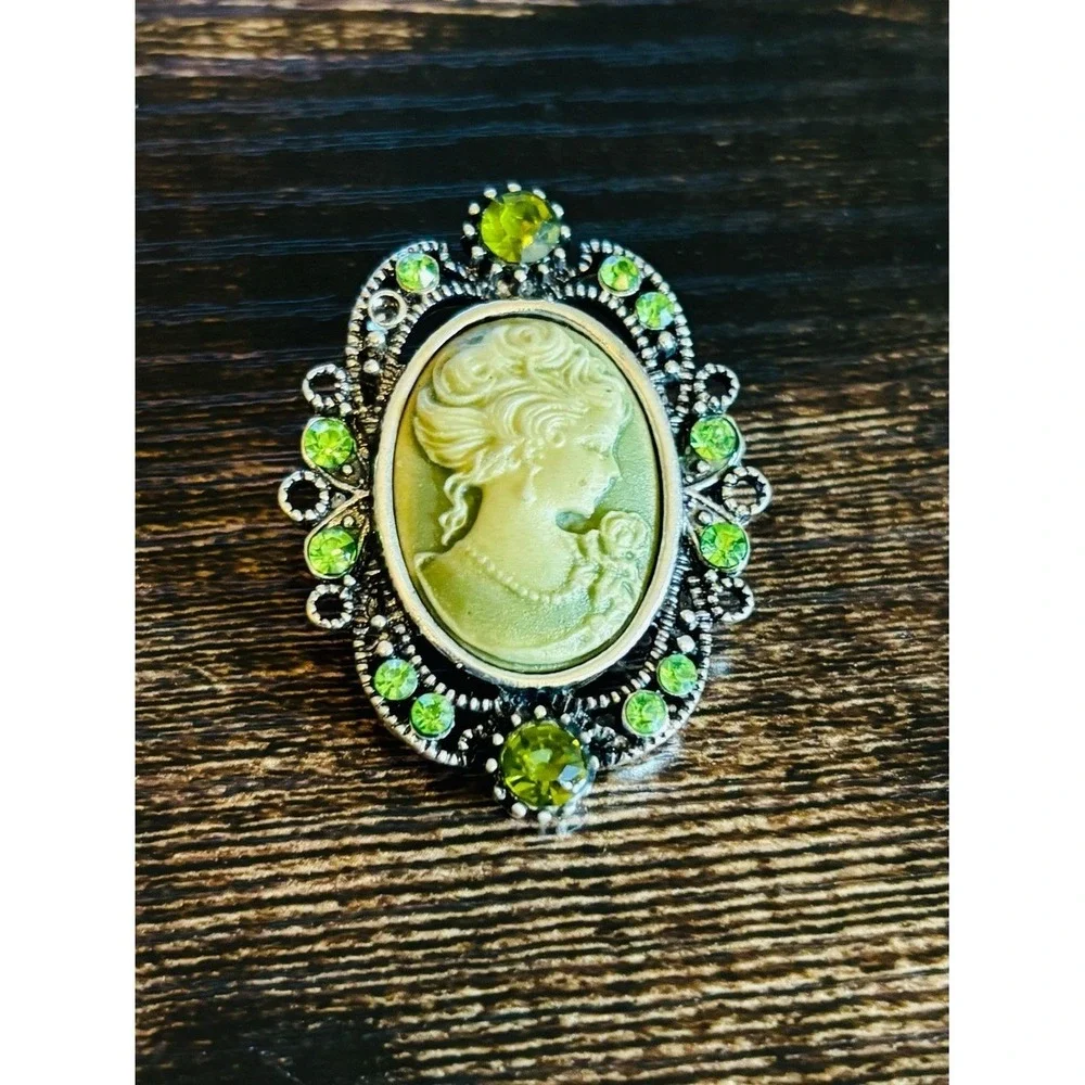 Small Green Cameo Brooch Pin with Sparkling Peridot Accents